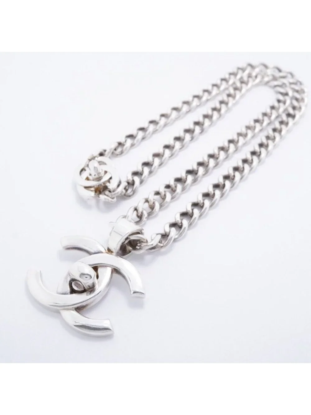 Chanel Necklace Vintage CC Logo Turnlock Metal Silver